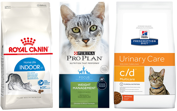Bags of Royal Canin, Purina, and Hills cat food